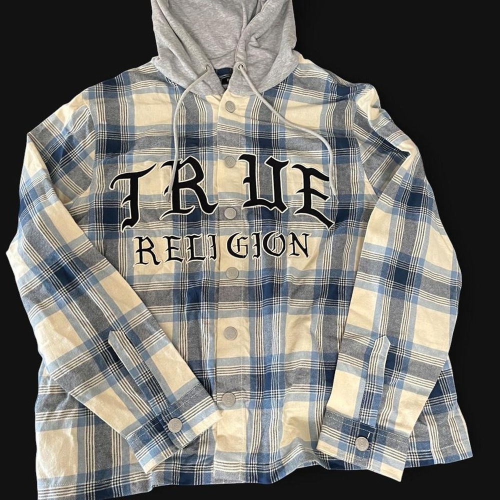 NWT True Religion Hooded Plaid Flannel Shirt Jacket - Blue/White - Size XL